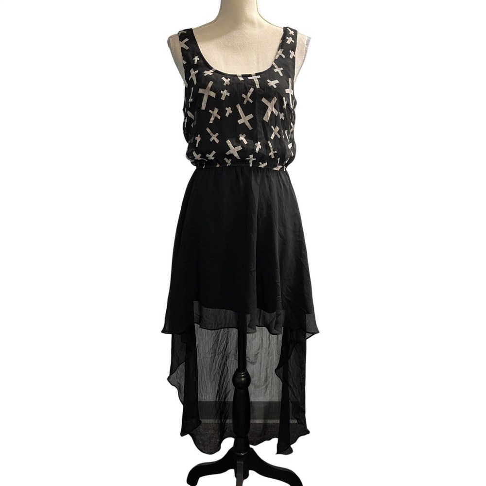 Royal Bones Dress Black Sheer Cross Print Layered Size L Goth Grunge Rave Punk